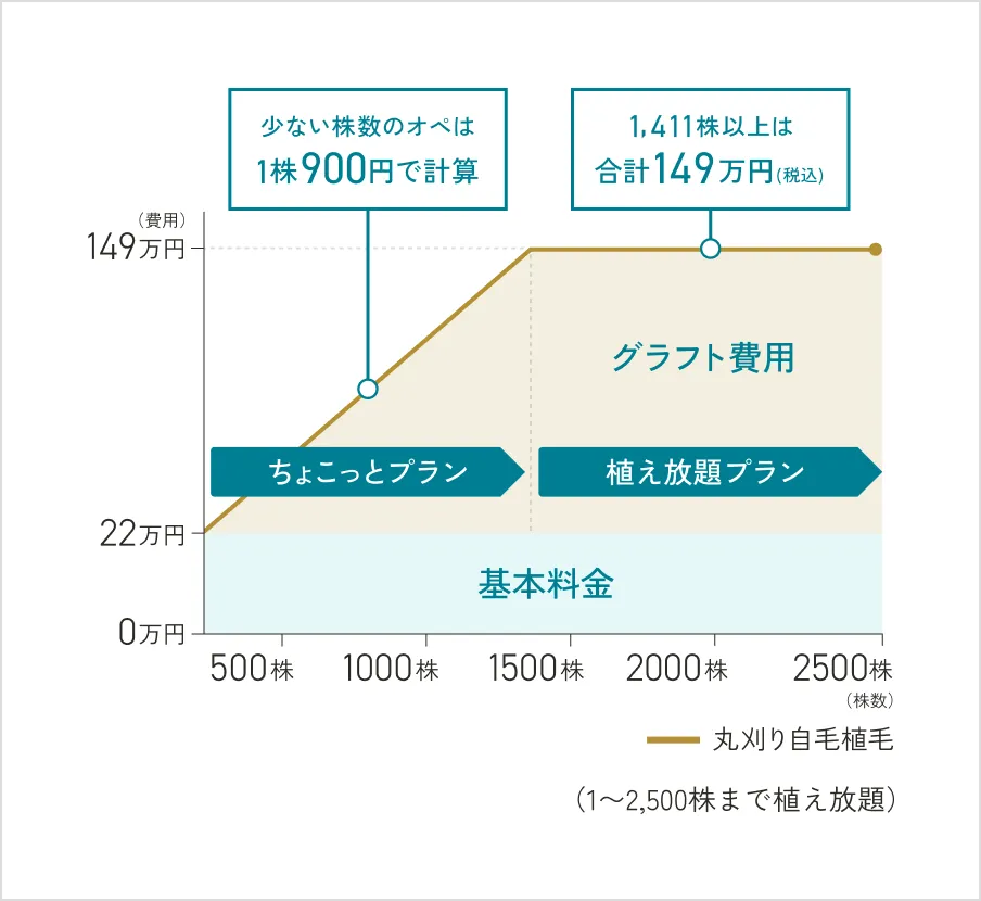丸刈り自毛植毛の費用グラフ（1,411株以上は合計149万円（税込）、1〜2,500株まで植え放題）