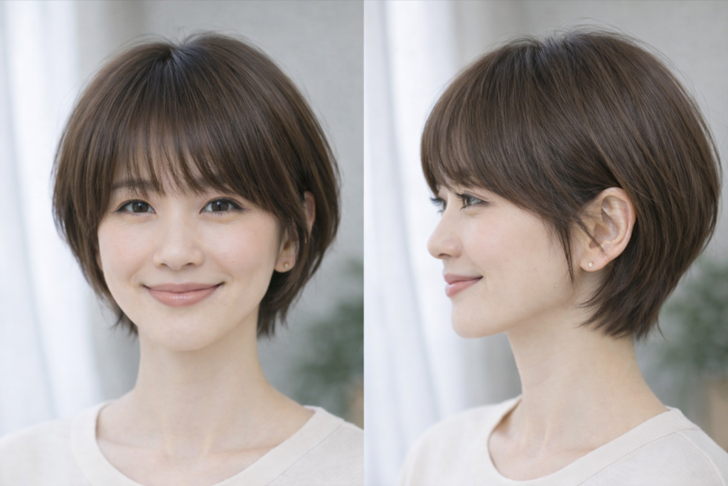 前髪ありで分け目を作らないショートボブ【ショート】