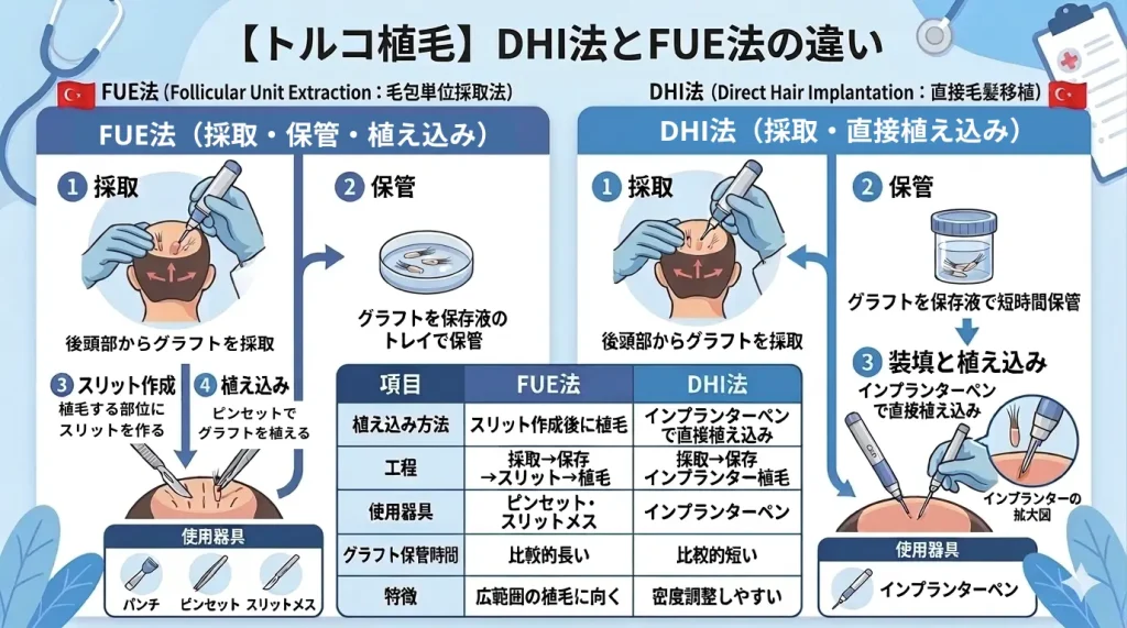 トルコ植毛におけるFUE法とDHI法の違いの図解