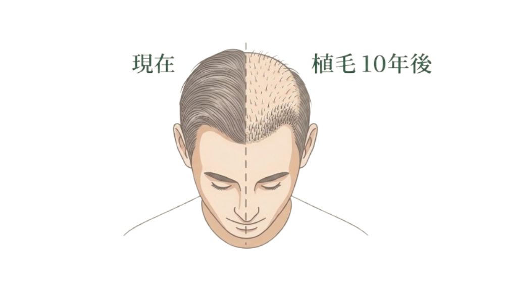 生え際に植毛した場合の現在と10年後の比較